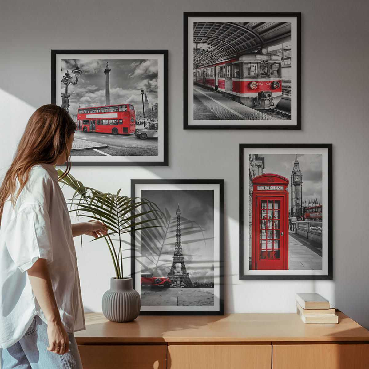 WANDBILDER 4er-Set - 50x50 cm & 40x60 cm Schwarzer Rahmen - Ikonische Städte London Paris Eisenbahn - Schwarz, Kunststoff (50/50cm) - ArtPrintCave