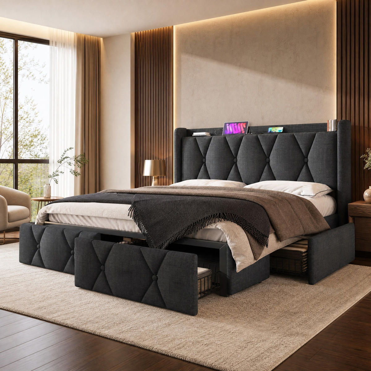 POLSTERBETT 160/200 mit 4 Schubladen, Steckdosen und USB-Anschlüssen in Grau - Grau, Holzwerkstoff/Textil (160/200cm) - EVRYAE