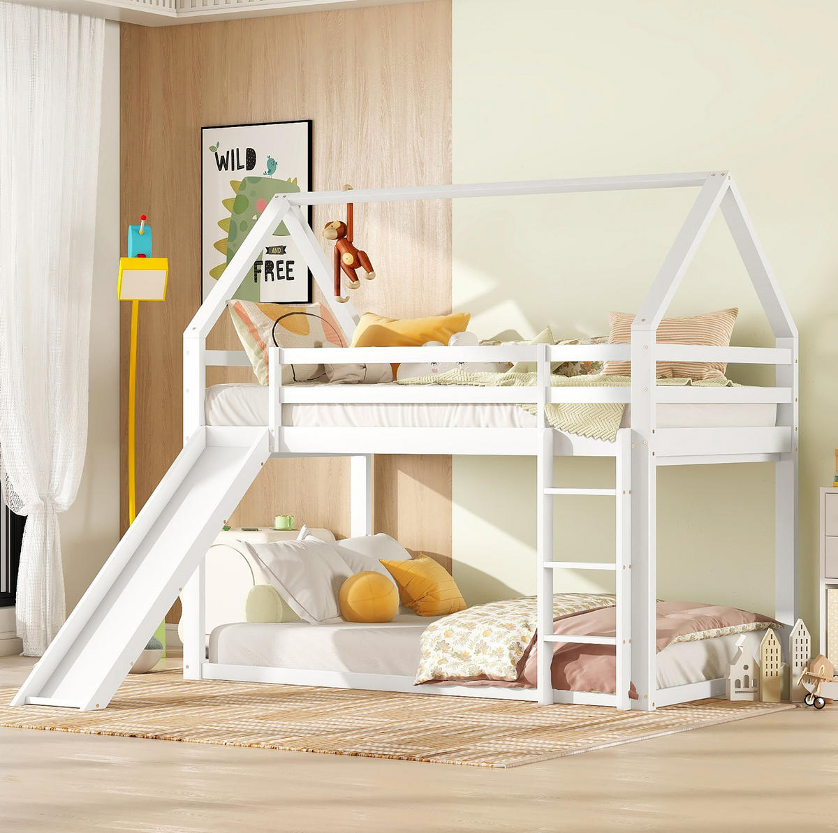 ETAGENBETT 90/200 cm in Weiß mit Rutsche und Leiter in Hausform - Weiß, Holz (90/200cm) - OKMYHOME