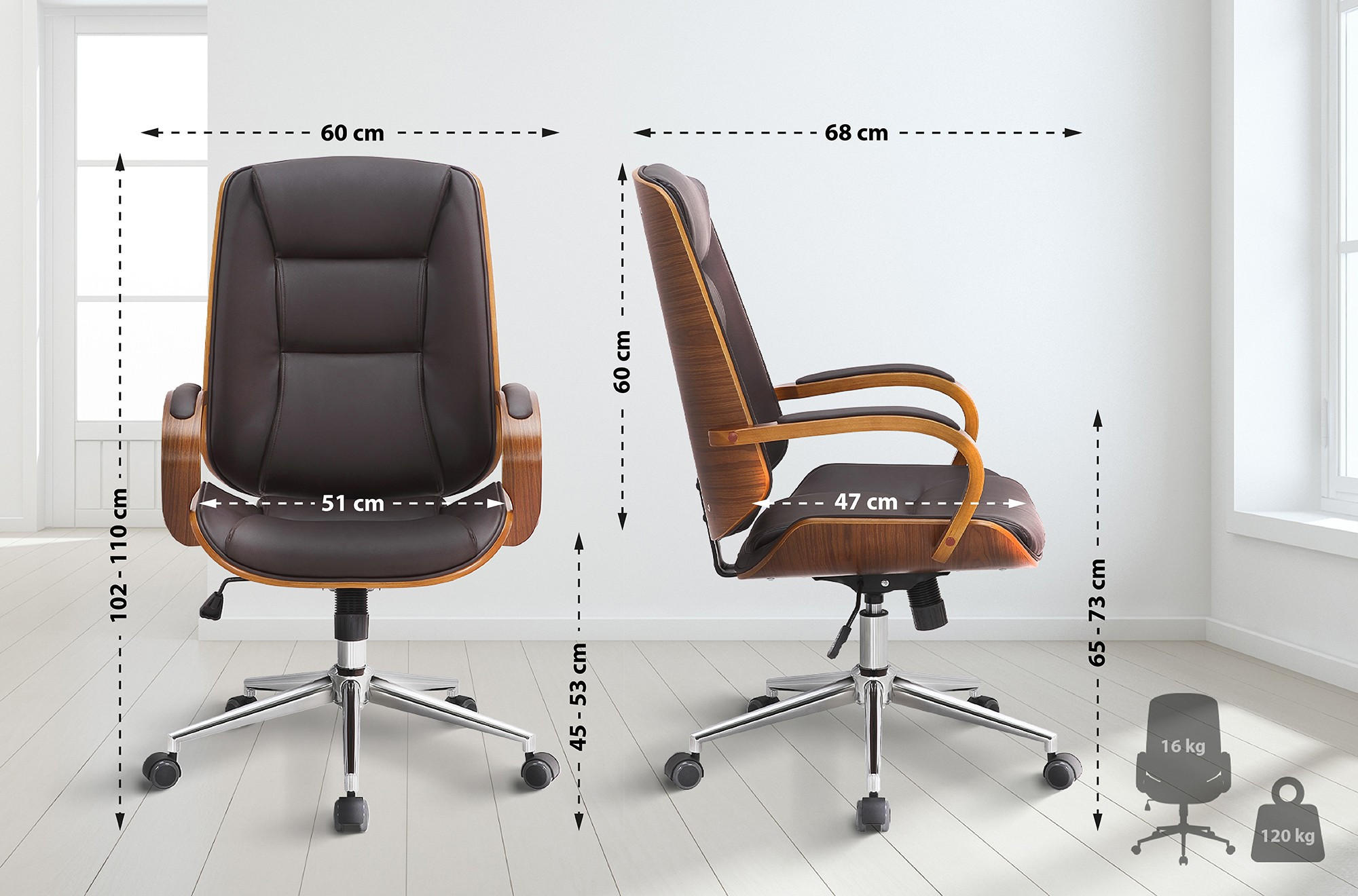 DREHSTUHL Lederlook walnuss/braun - Chromfarben/Walnussfarben, Textil/Metall (60/102/68cm) - CLP