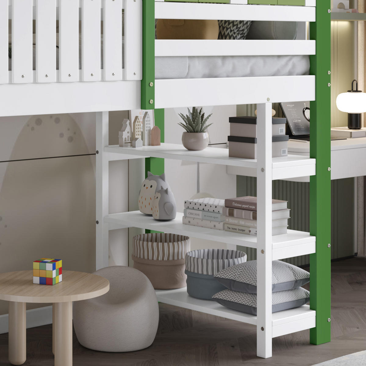 HOCHBETT, KINDERBETT Mit Leiter und Stauraum Grün und Weiß - Weiß/Grün, Holzwerkstoff - Urban Meuble