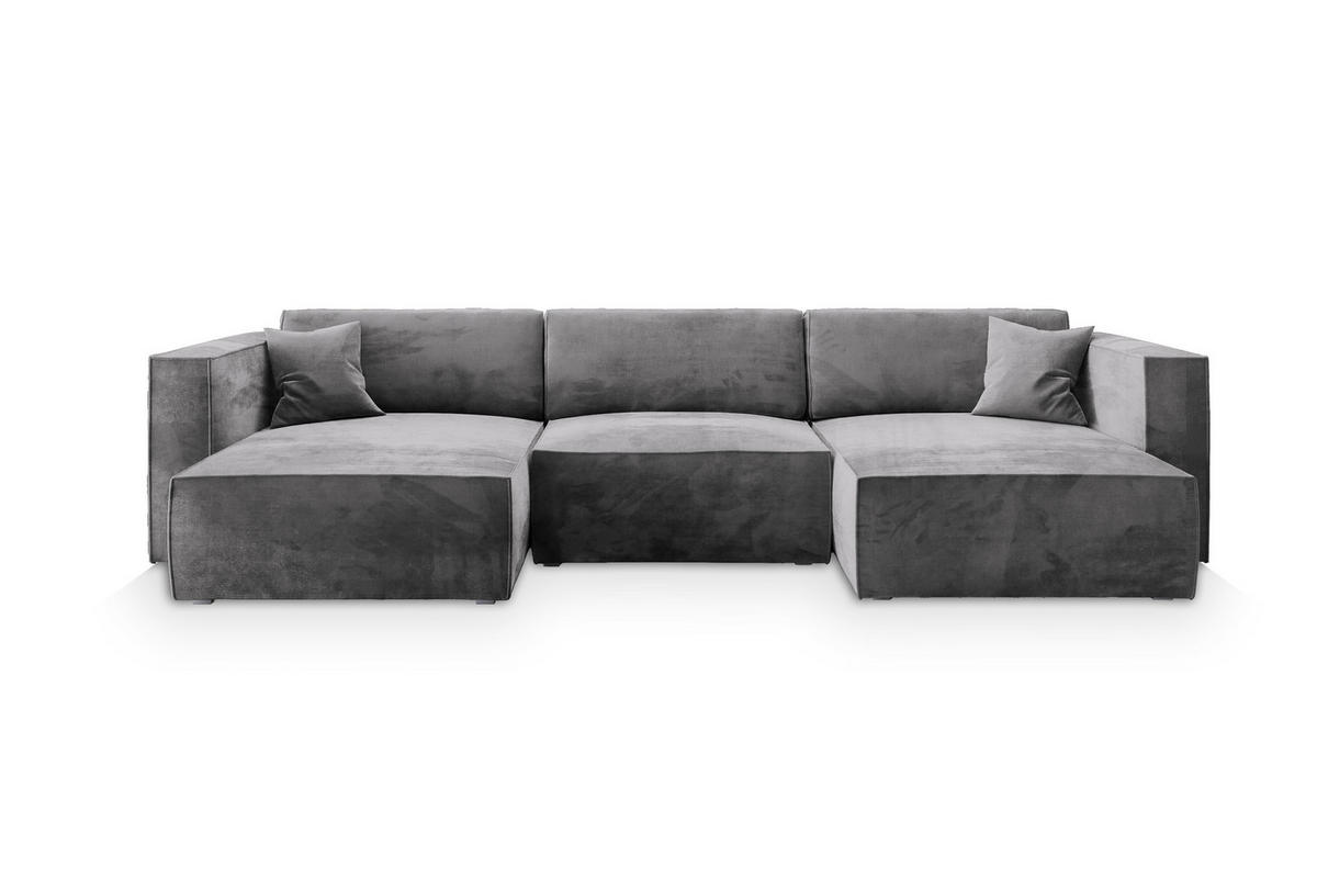 WOHNLANDSCHAFT SARMO M Grau Velours-Stoff mit Schlaffunktion - Grau, Holz (347/70/148cm) - MASSENO