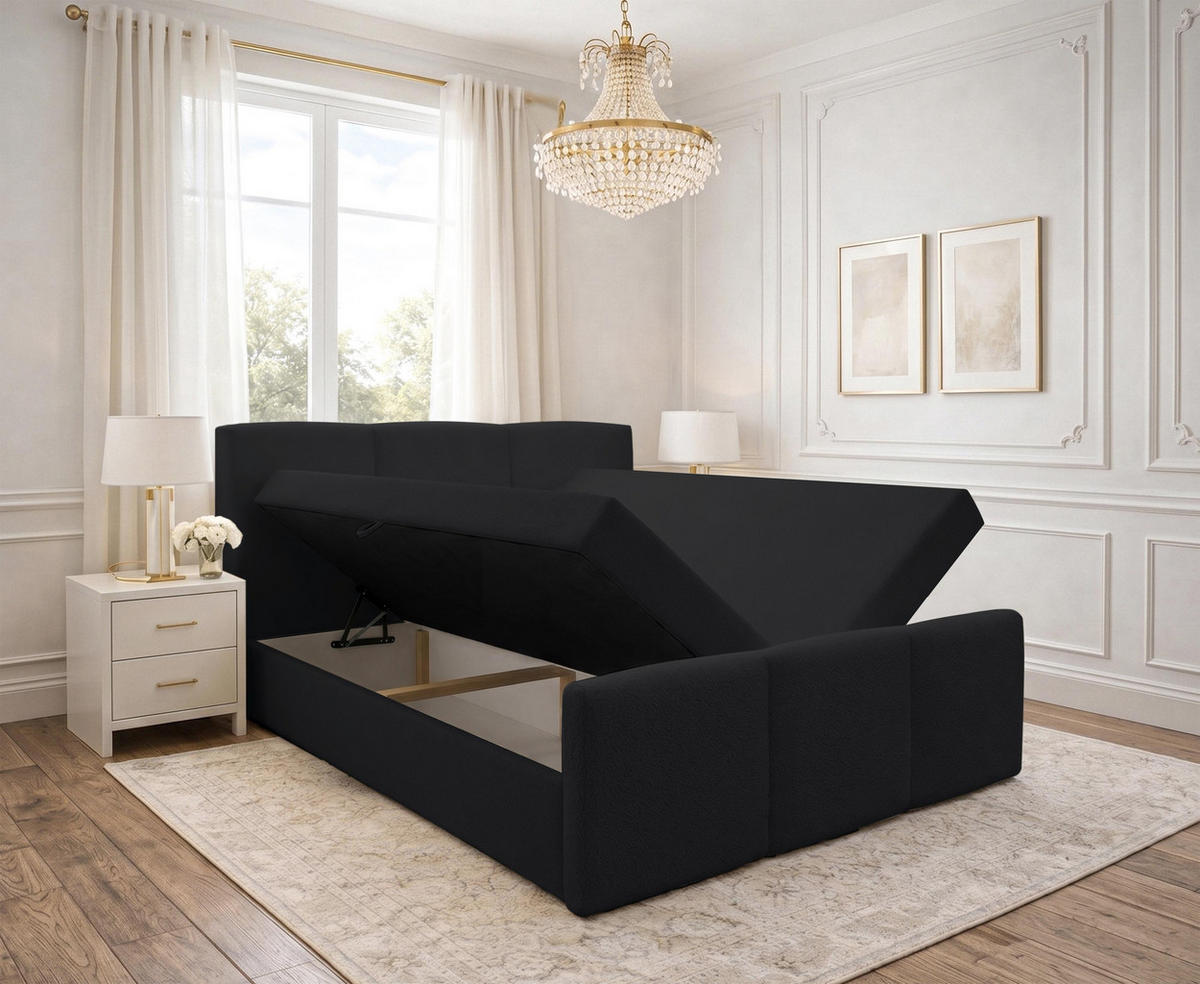 BOXBETT ANKARRA 160x200 cm mit Bettkasten und Matratze - Schwarz + TOPPER - Schwarz, Holz/Holzwerkstoff (160/200cm) - AX Living