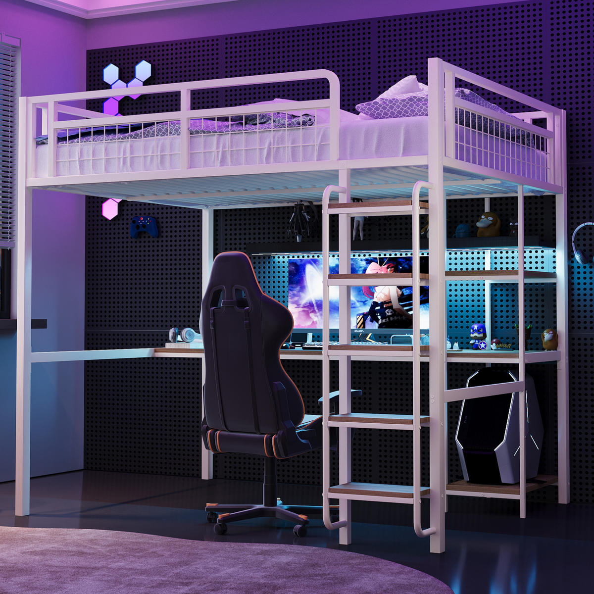 HOCHBETT 140/200 cm weiß aus Metall mit Tisch und Regal - Weiß, Metall (140/200cm) - OKWISH