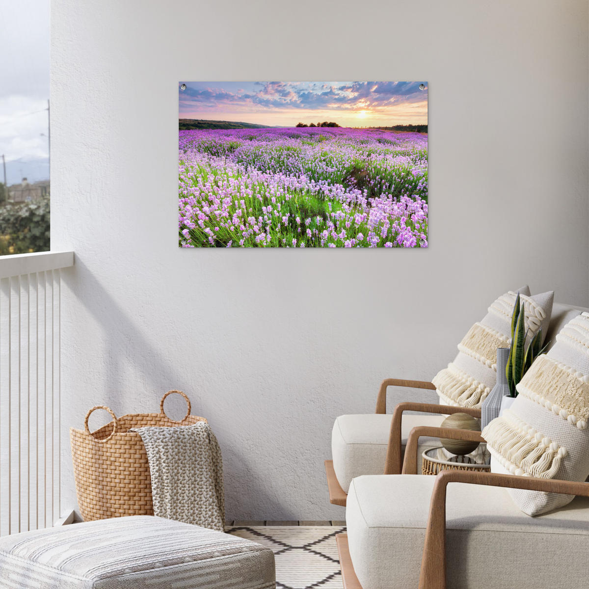 ZAHRADNÍ PLAKÁT Květiny - Levandule - Fialová - Obloha - Západ slunce - Louka - Příroda 90x60 cm - šeříková, plast (90/60/0.2cm) - OnlyWow