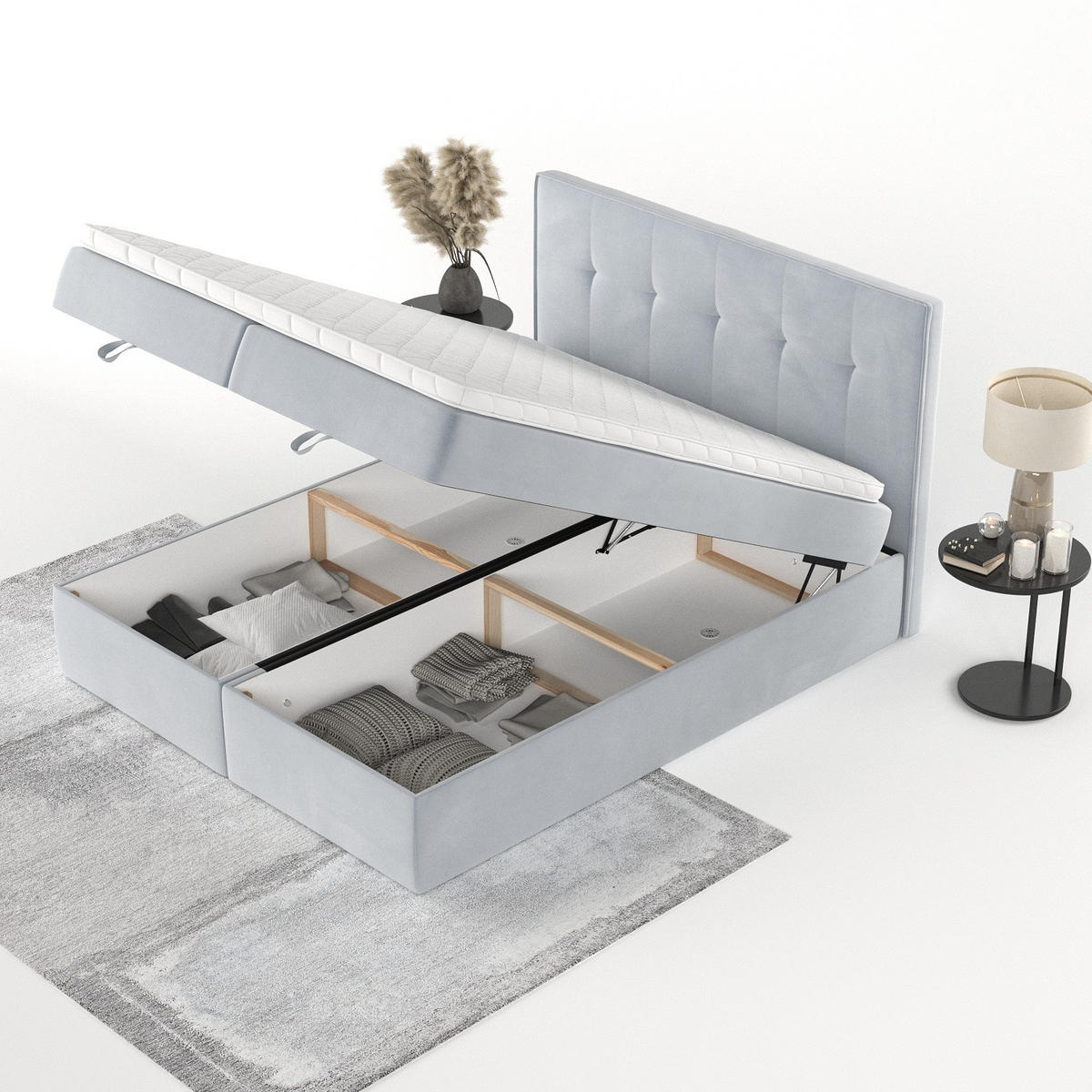 BOXBETT Tivra 180/200 cm Hellgrau im Paros Stoff - Hellgrau/Schwarz, Holz/Holzwerkstoff (180/200cm) - AltaBeds