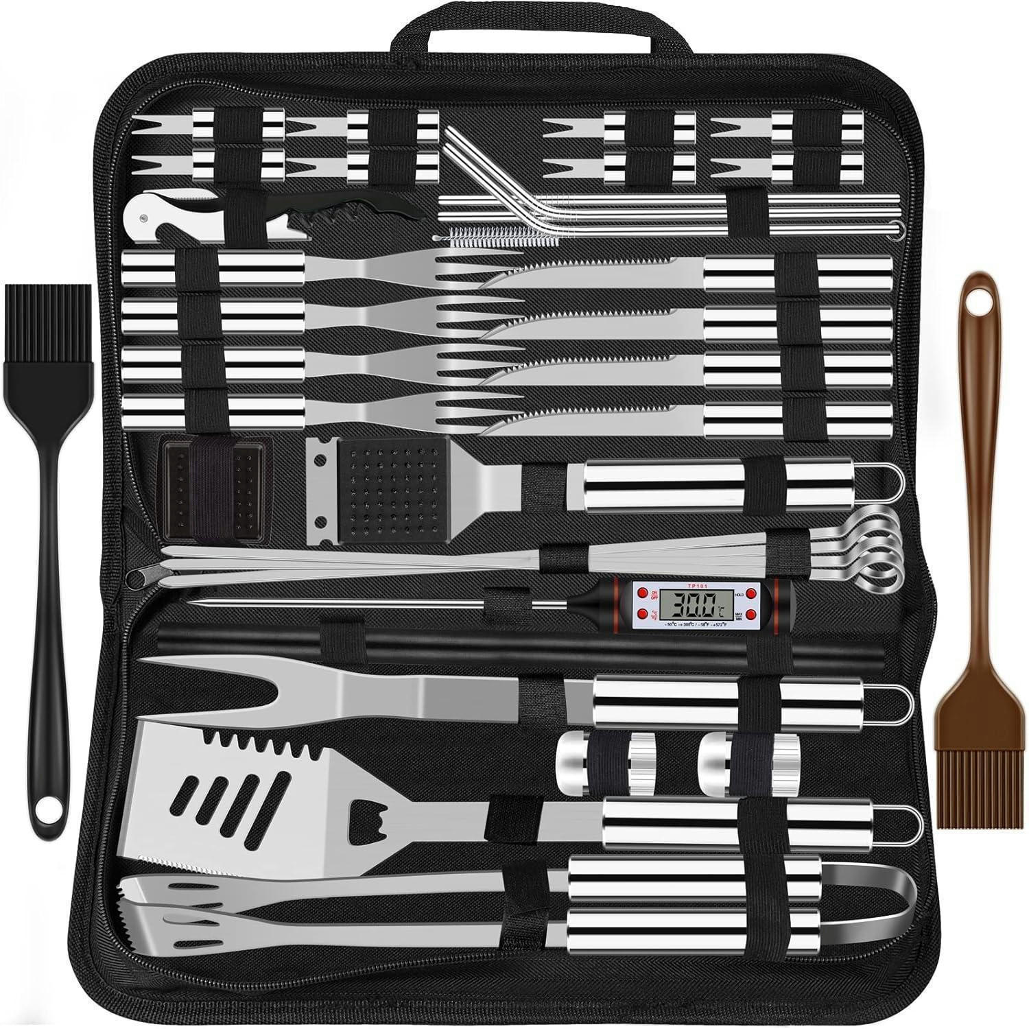 GRILLBESTECK Set 38-teilig Edelstahl mit Koffer und Grillmatte - Silberfarben, Metall (39cm)