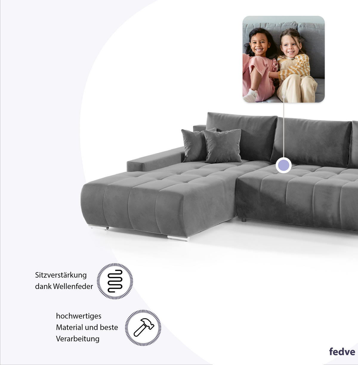 ECKSOFA mit Schlaffunktion Dhaka L, Grau - Grau, Textil (185/265cm) - Fedve
