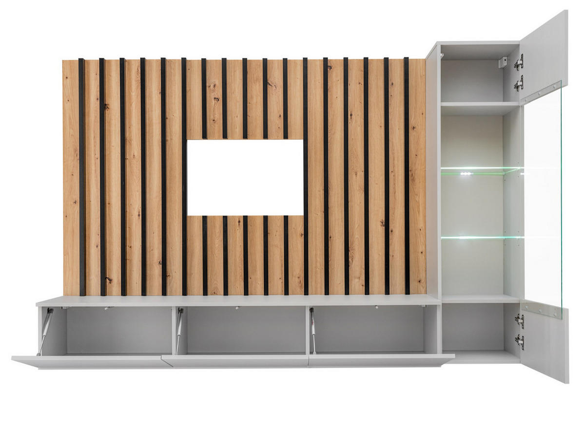 WOHNWAND grau, Artisan Eiche 220 cm, Schrankwand mit LED Beleuchtung - Eiche Artisan/Grau, Glas/Holzwerkstoff (200/148/35cm) - Furn.Design