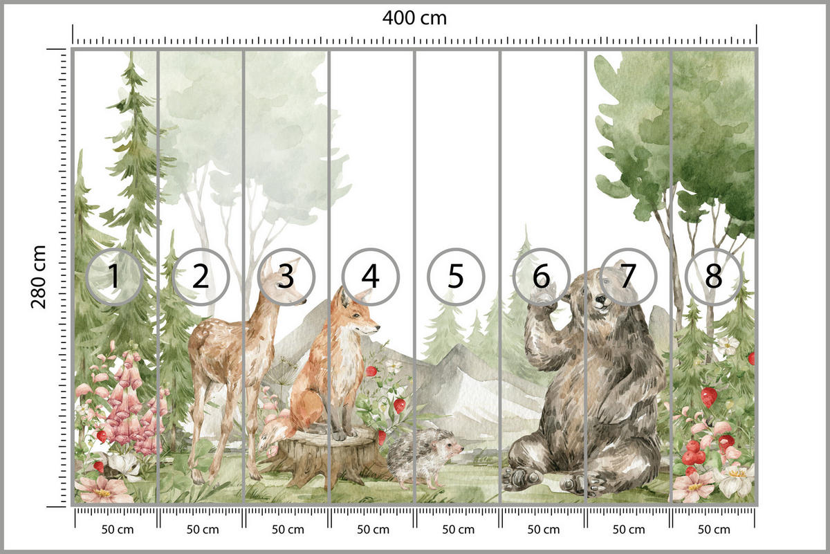 FOTOTAPETE für Kinderzimmer Aquarell Waldtiere Fuchs Reh Tragen 400x280 - Multicolor, Papier (400/280cm) - Muralo