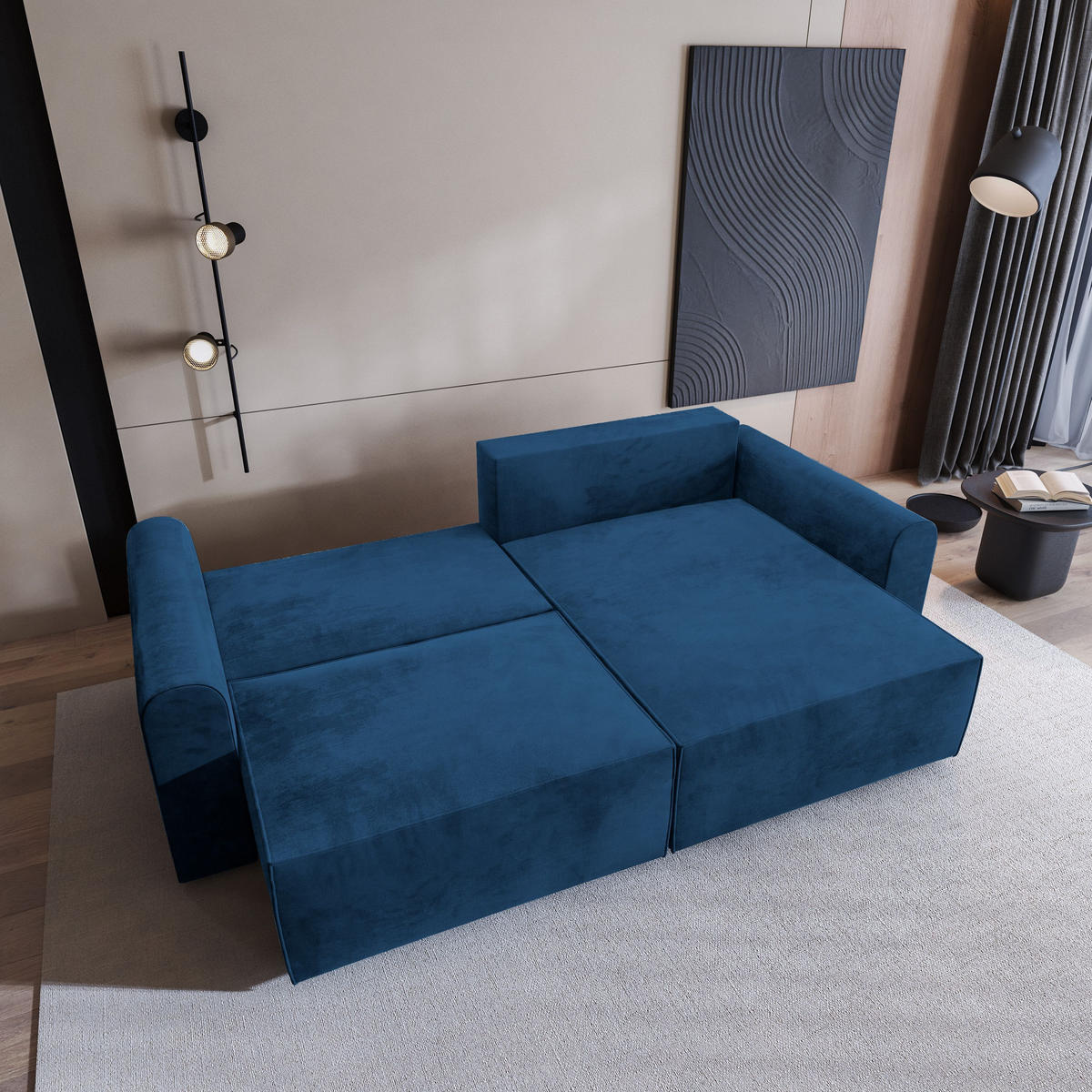 ECKSOFA FIANO M Blau Velours-Stoff mit Schlaffunktion - Blau, Holz (245/148cm) - MASSENO