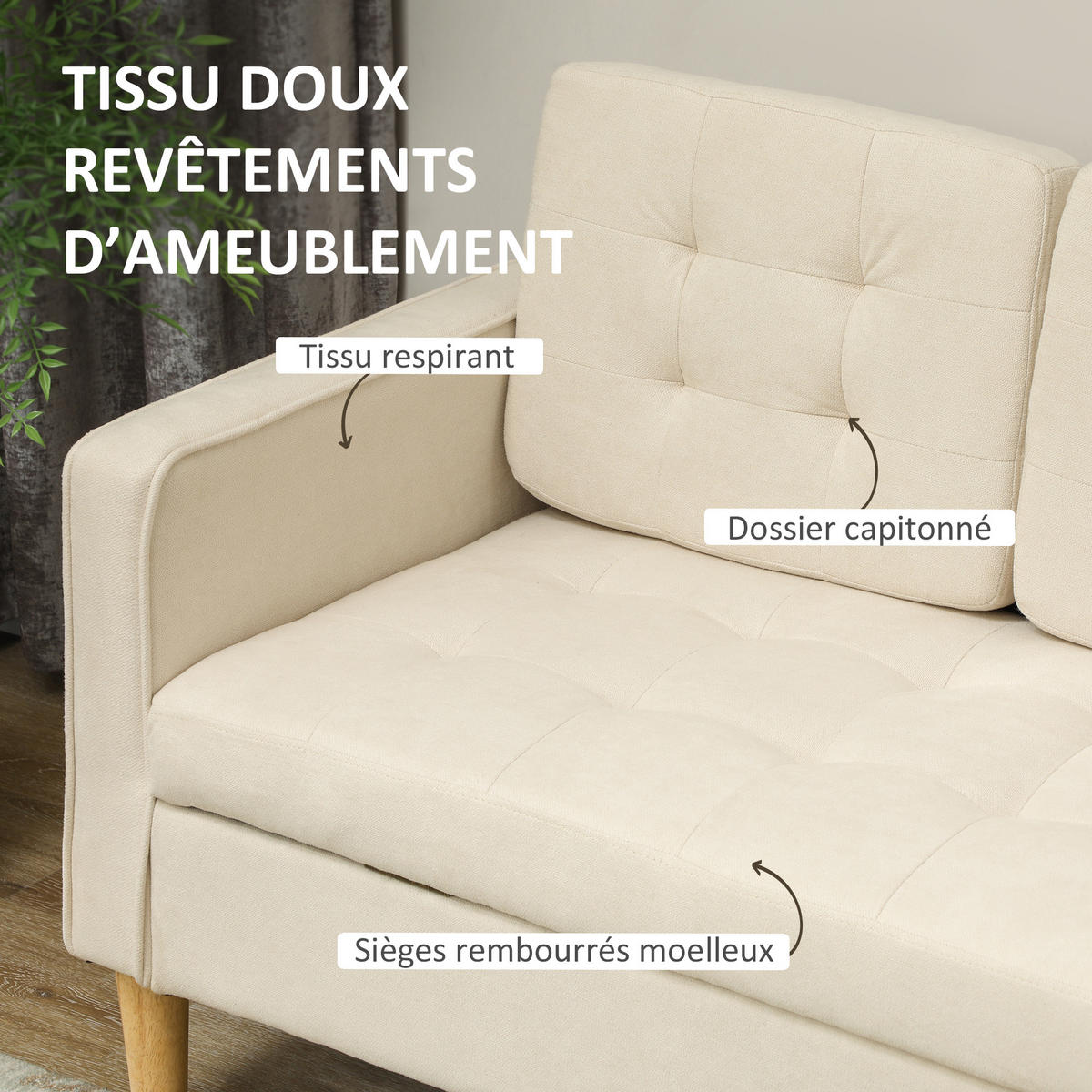 SOFA, 3-Sitzer, Flanell, versteckter Stauraum, gesteppt, cremefarben, 166,5x62x82cm - Multicolor, Holzwerkstoff (166.5/82/62cm) - FORIOUS