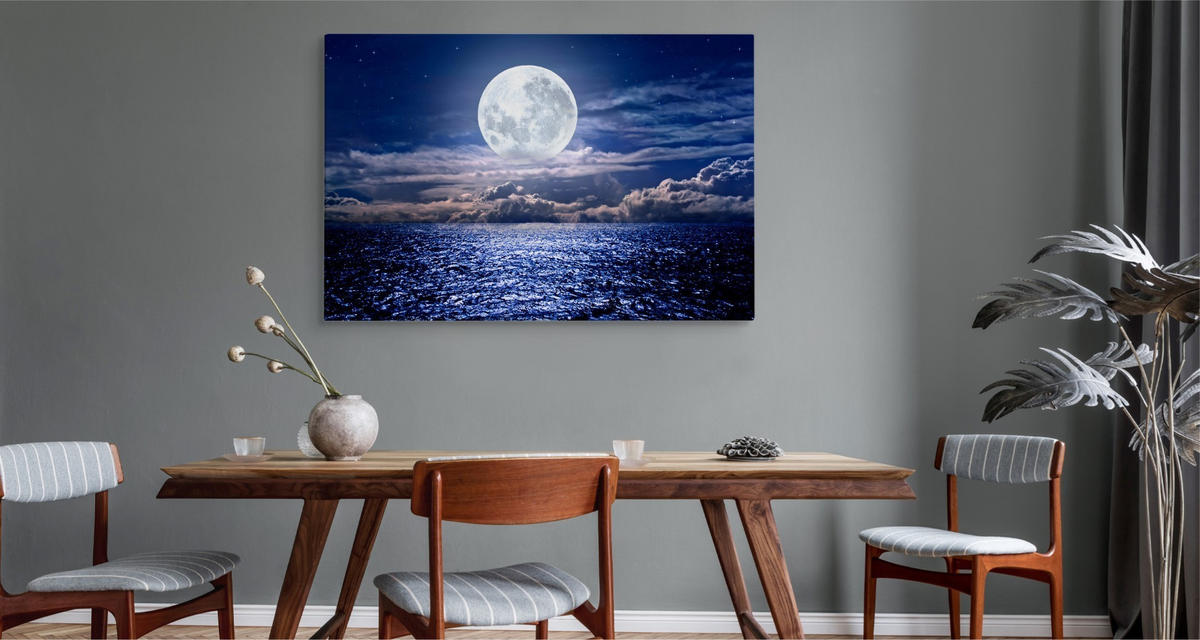 LEINWANDBILD Vollmond am Meer Landschaft 3D 120x80cm - Blau/Weiß, Textil (120/80cm) - Muralo