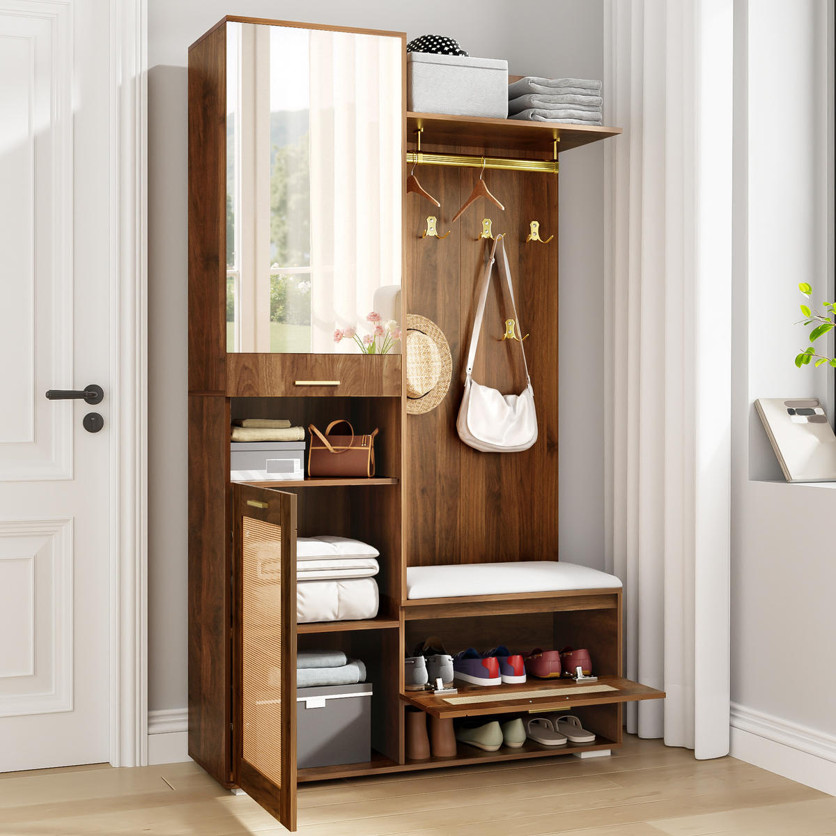GARDEROBEN-SET in Nussbaumfarben Kleiderschrank-Set mit Schuhschrank, Sitzbank und LED-Beleuchtung , B110/T38/H190cm - Nussbaumfarben, Glas/Holzwerkstoff (110/190/38cm) - STILVORA