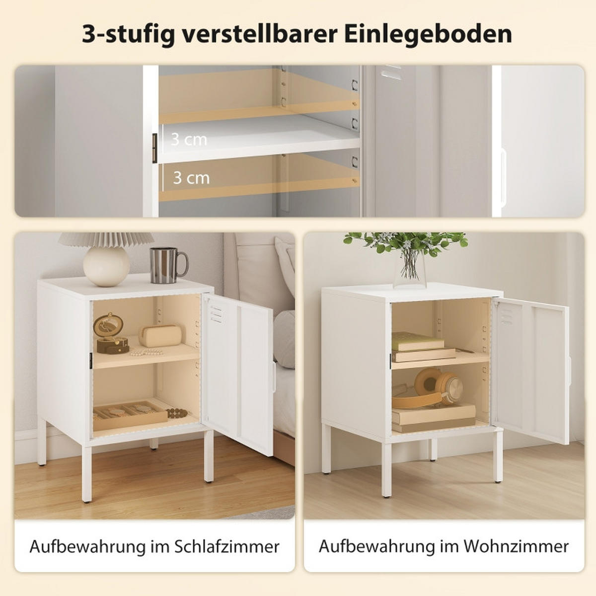 NACHTTISCH 40/40/56 cm Weiß aus Stahl mit verstellbarem Regal - Weiß, Metall (40/56/40cm) - OKWISH