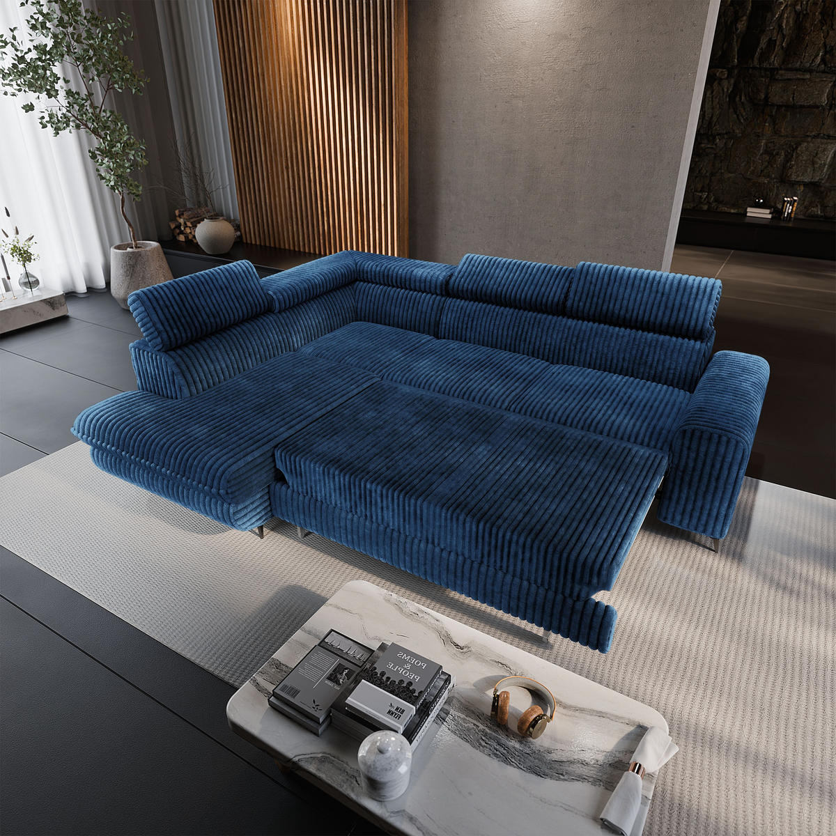 ECKSOFA VELISS Blau Kordstoff mit Schlaffunktion - Blau, Holz (255/193cm) - MASSENO