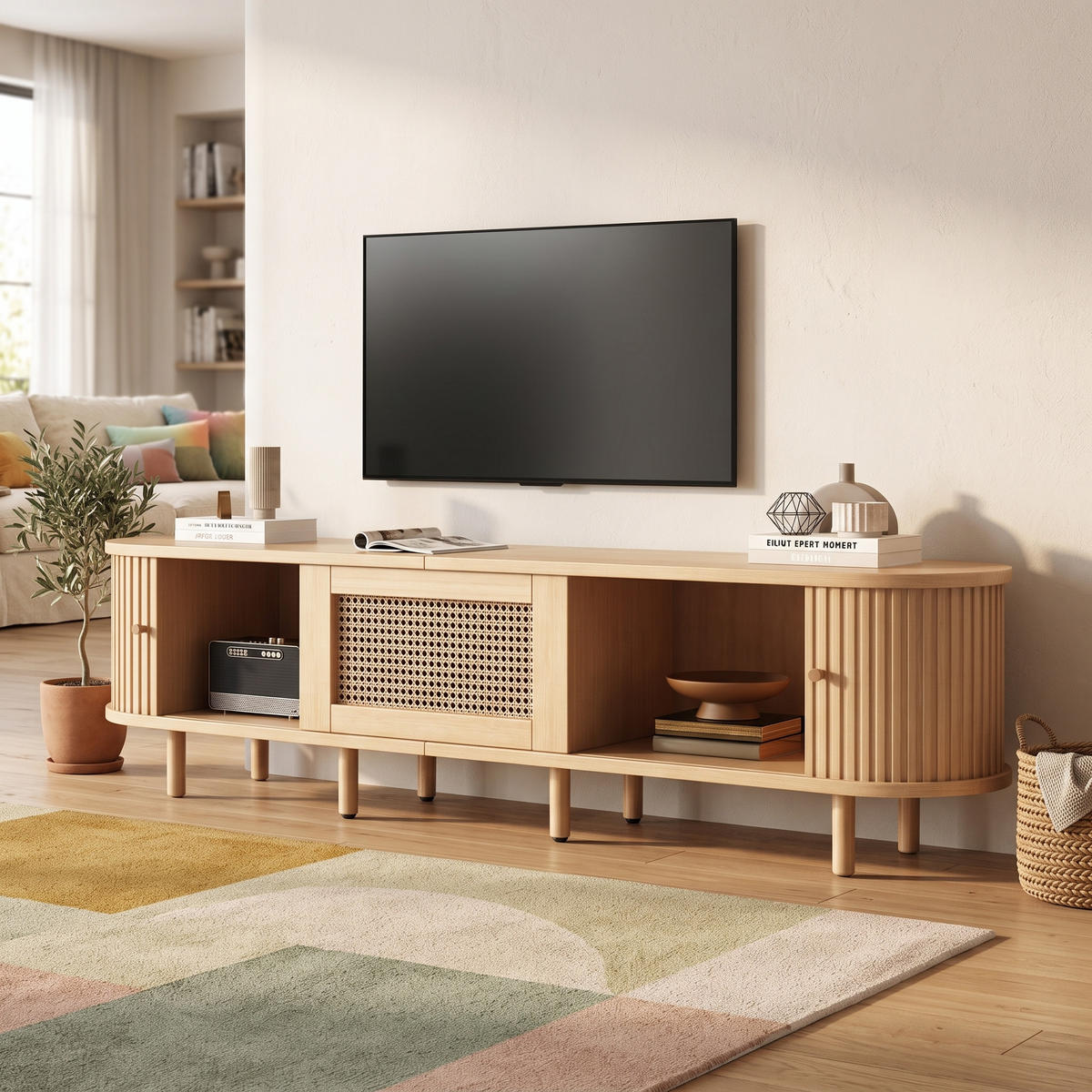 LOWBOARD Holzoptik Rattan Oval mit Schiebetür & Schublade für 75 Zoll TV - Naturfarben, Holzwerkstoff (180/40/40cm) - Urban Meuble