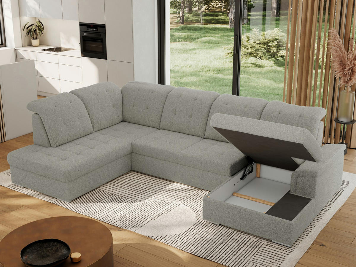 WOHNLANDSCHAFT MADRITO U - Hellgrau Boucle - Links - Silberfarben/Hellgrau, Textil/Metall (204/89/323cm) - MKS