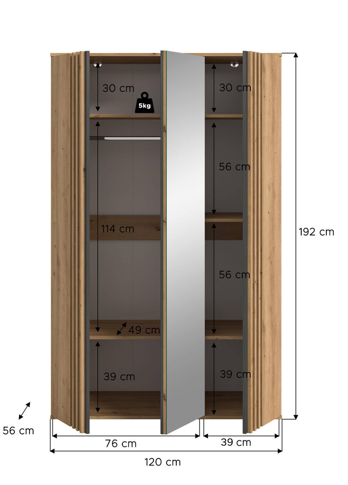 KLEIDERSCHRANK Eiche Artisan, grau 120 x 192 cm 3-türig, Drehtürenschrank mit Spiegel - Anthrazit/Eiche Artisan, Holzwerkstoff (120/192/56cm) - Inn.Furn