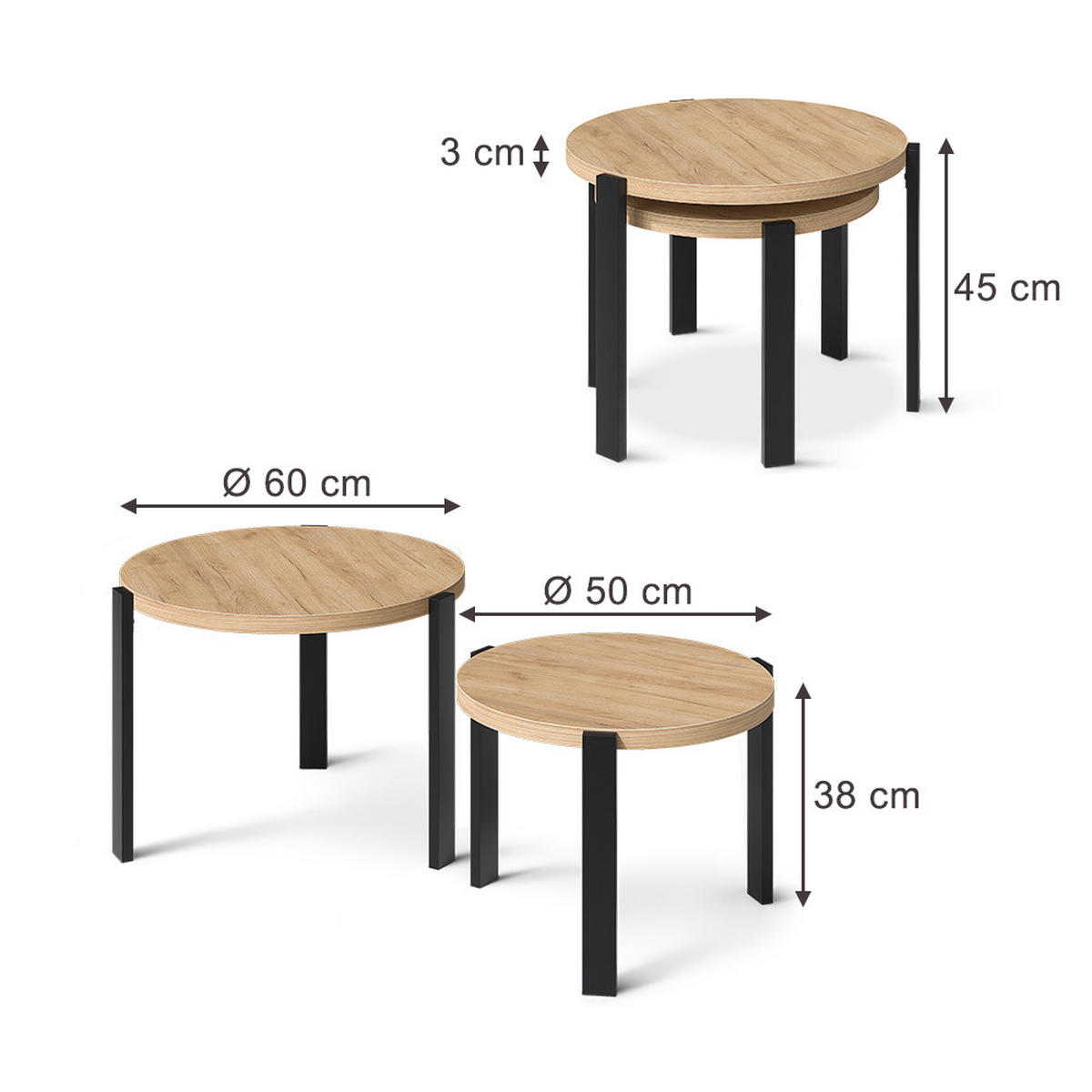 COUCHTISCH-SET Norin, Goldkraft Eiche/Schwarz, 60 x 60 cm - Honigeiche/Schwarz, Holzwerkstoff (60/60/45cm) - Vicco