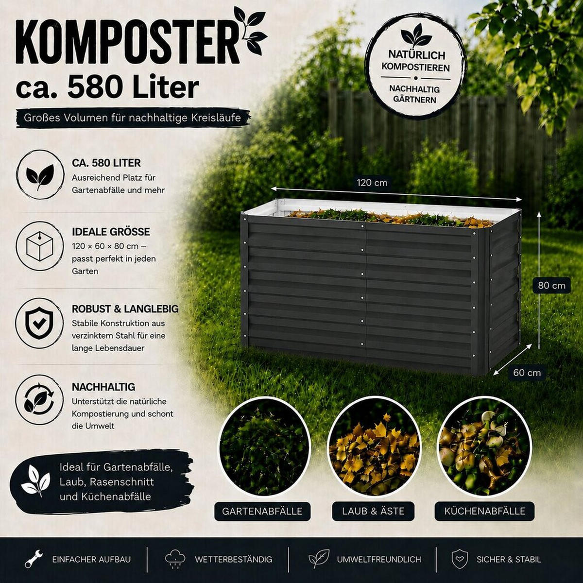 KOMPOSTER Garten, Anthrazit, 120 x 60 cm - Anthrazit, Metall (120/80/60cm) - Vicco