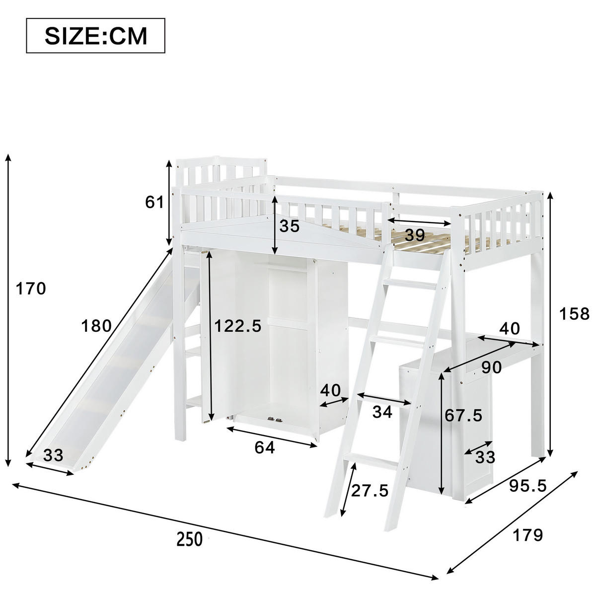 HOCHBETT 90/200 cm in Weiß mit Rutsche, Tisch und Kleiderschrank - Weiß, Holzwerkstoff (90/200cm) - Flora Grace