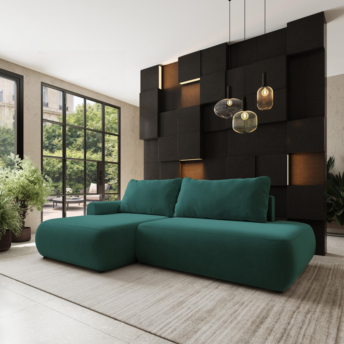 ECKSOFA NUVIRA CL L-S Blau Samtstoff mit Schlaffunktion - Blau, Holzwerkstoff/Textil (279/158cm) - MASSENO