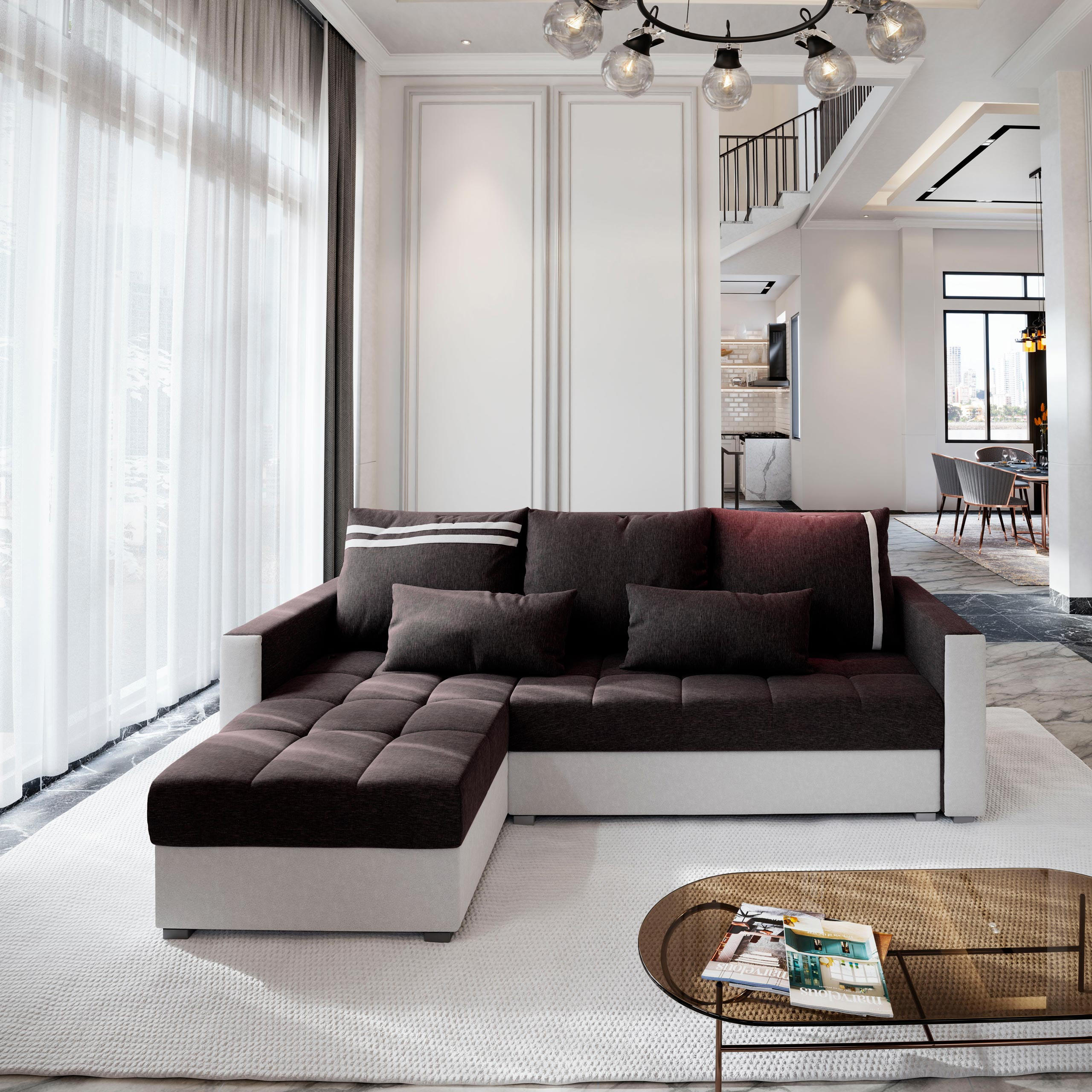 ECKSOFA KOS PIK Grau Dünner Stoff mit Schlaffunktion - Grau, Holz (220/140cm) - MASSENO