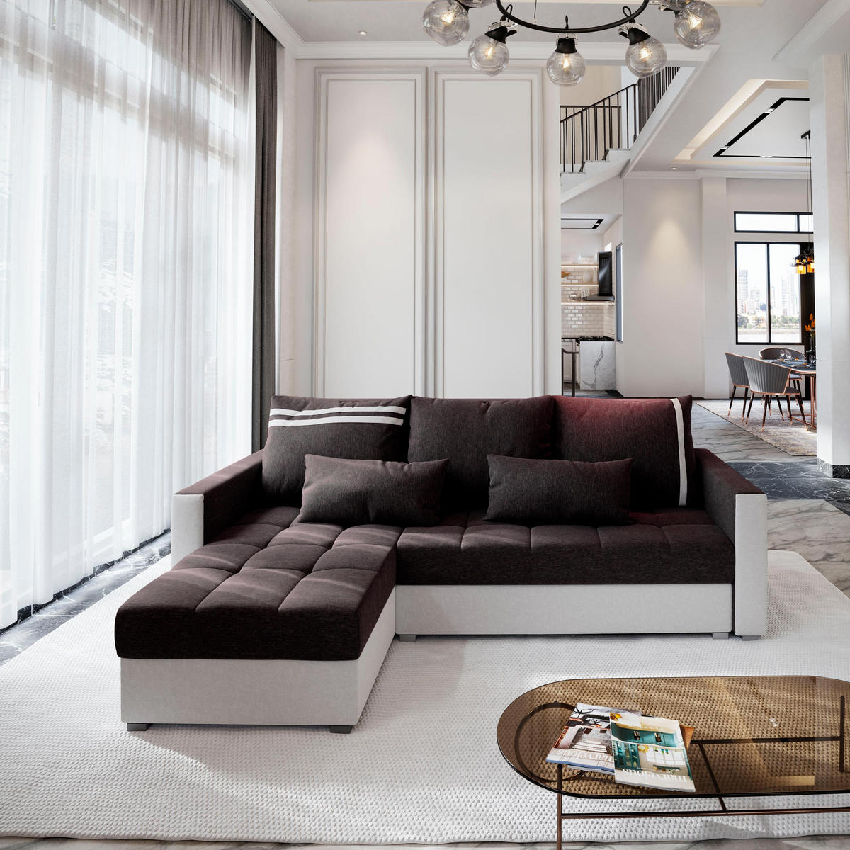 ECKSOFA KOS PIK Grau Dünner Stoff mit Schlaffunktion - Grau, Holz (220/140cm) - MASSENO
