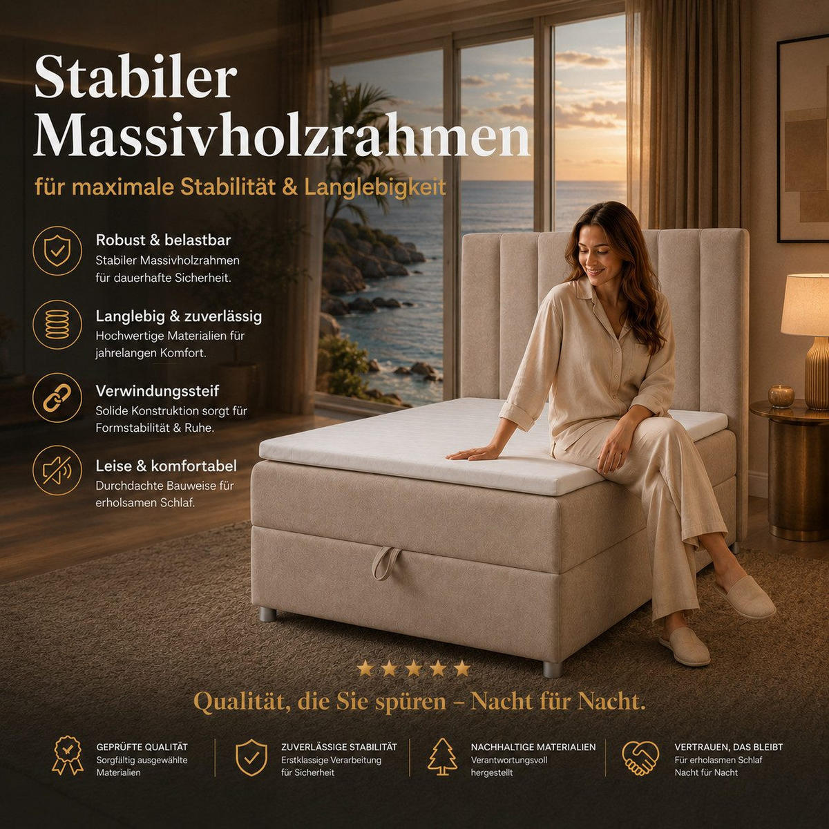 BOXBETT mit Bettkasten Trinity K-10 SINGLE Bonellfederkern inkl. Topper - Beige, Holz/Holzwerkstoff (90/200cm) - Best For Home