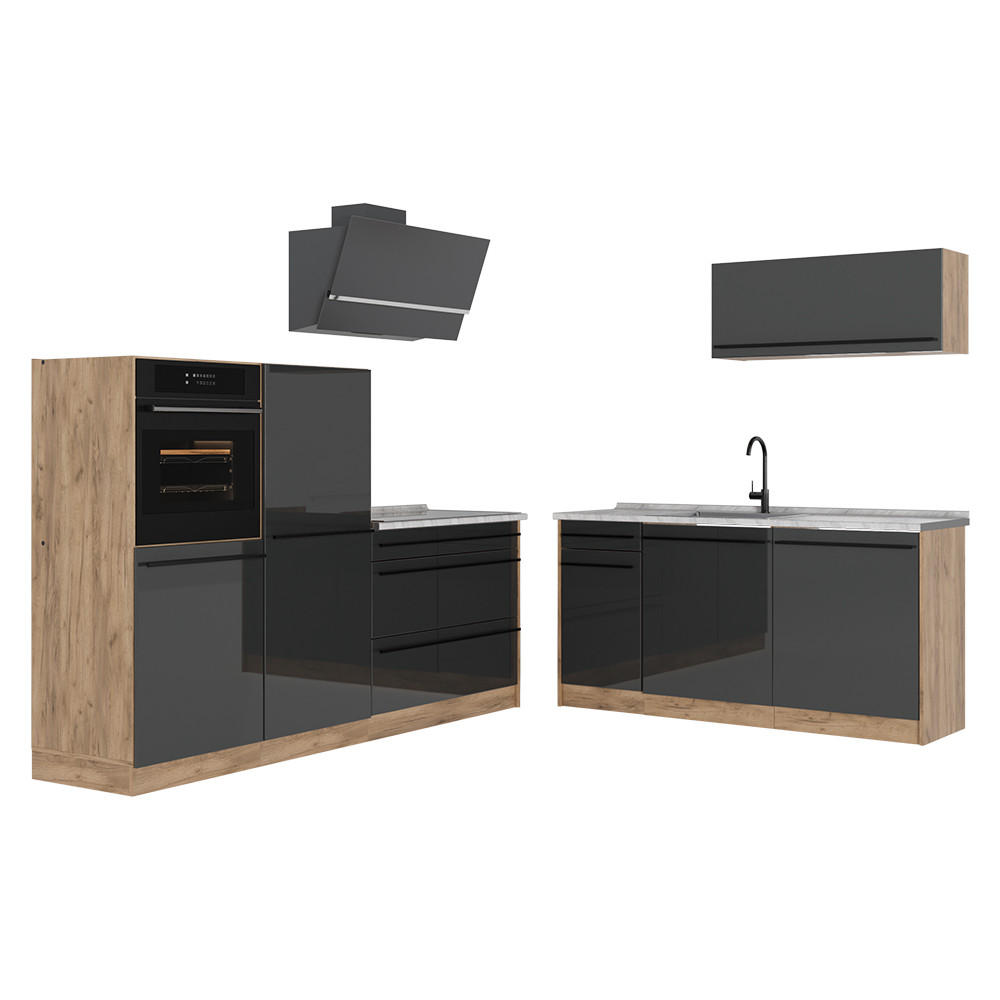 KÜCHENZEILE R-Line, Anthrazit Hochglanz/Goldkraft Eiche, 220 cm Arbeitsplatte Marmor - Honigeiche/Schwarz Hochglanz, Holzwerkstoff (220/143/60cm) - Vicco