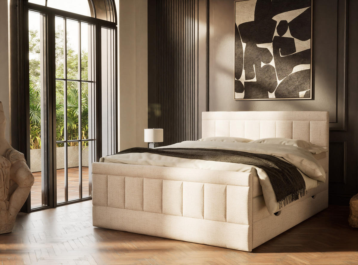 BOXSPRINGBETT Caya 140/200 cm, in Beige, Bettkasten, Matratze, Topper - Beige/Schwarz, Holz/Holzwerkstoff (140/200cm) - Maison de Reve