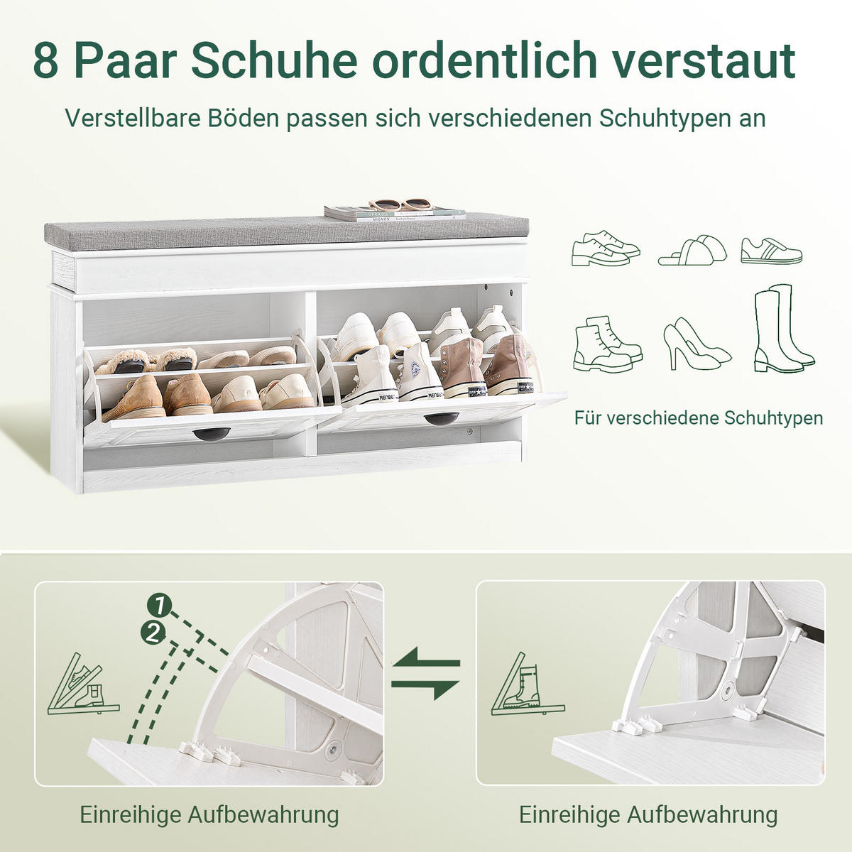SCHUHBANK weiß, 104x52x24 cm, graues Sitzpolster, 8 Paar + Schublade, bis 150 kg - Weiß, Holzwerkstoff (104/54/24cm) - SoBuy