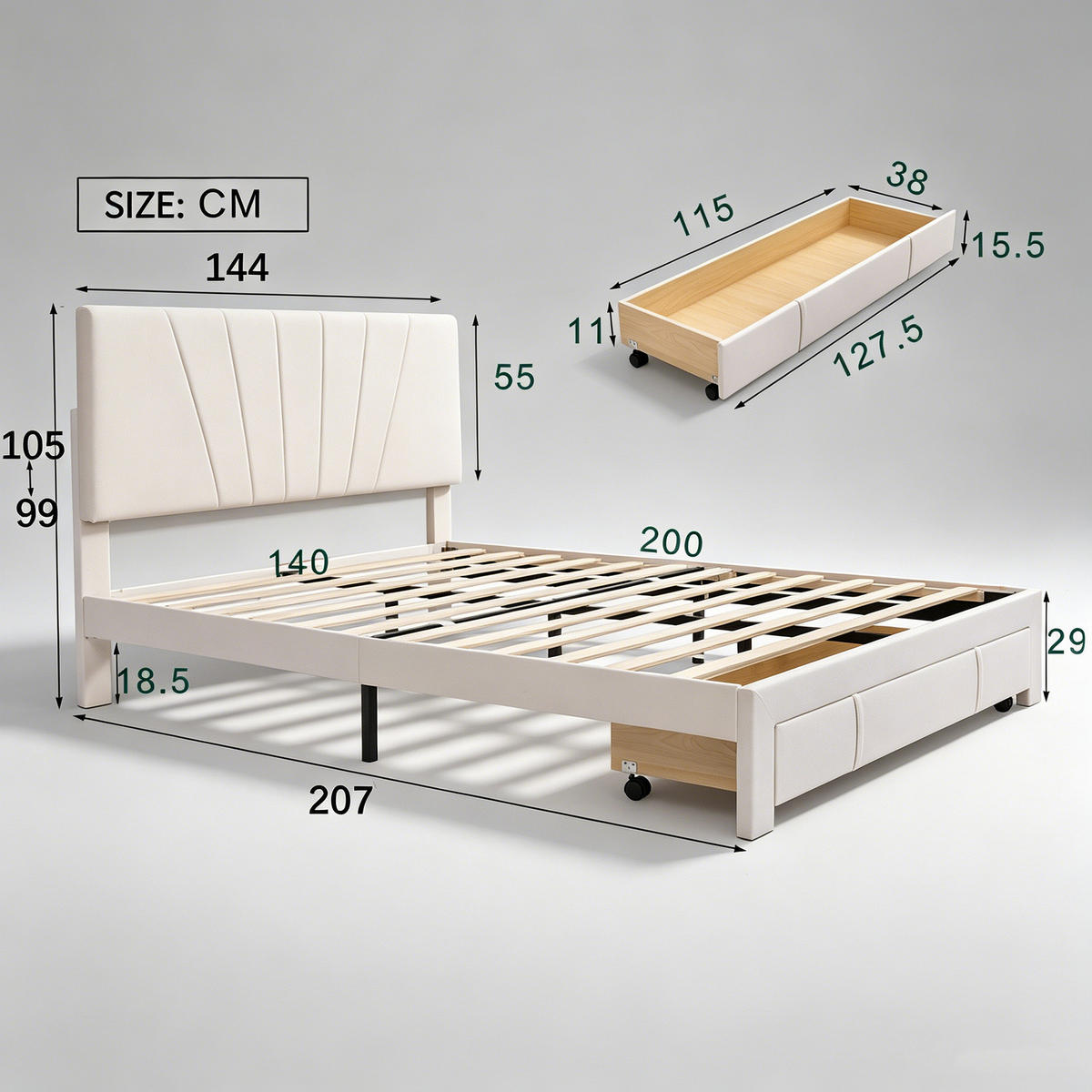 POLSTERBETT 140x200 mit stauraum, jugendbett, bettgestell 140x200 mit Schublade, höhenverstellbares Kopfteil, Lattenrost, Samt, beige - Beige, Holz/Textil (140/200cm) - GENKI LIVING