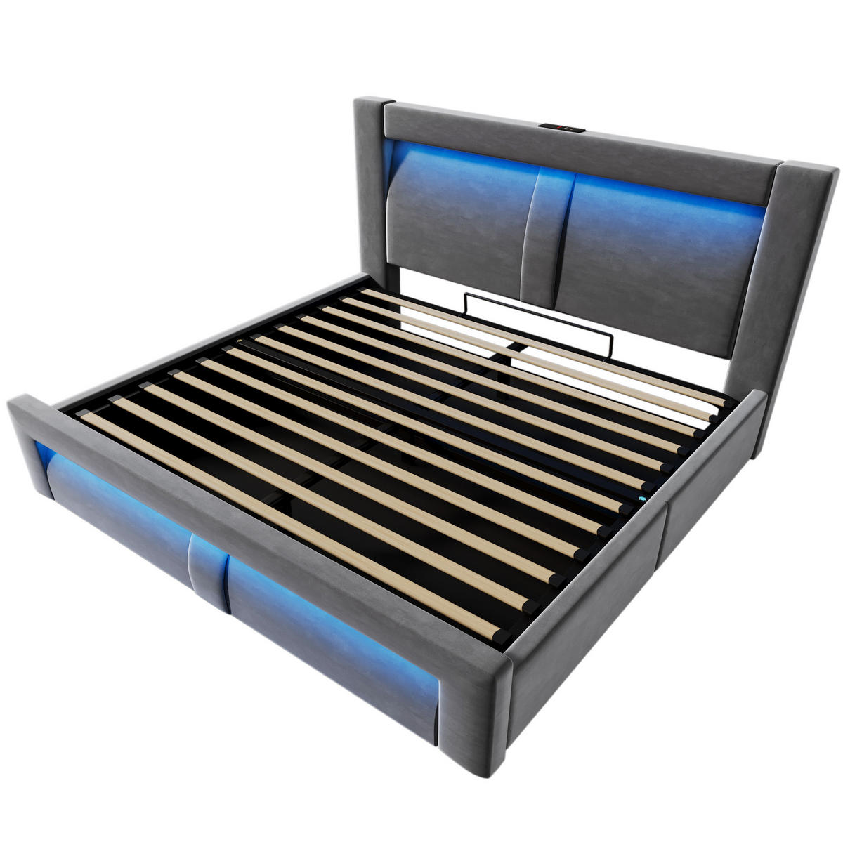 POLSTERBETT 160/200 cm Grau aus Samt mit Stauraum und LED - Grau, Textil (160/200cm) - OKWISH