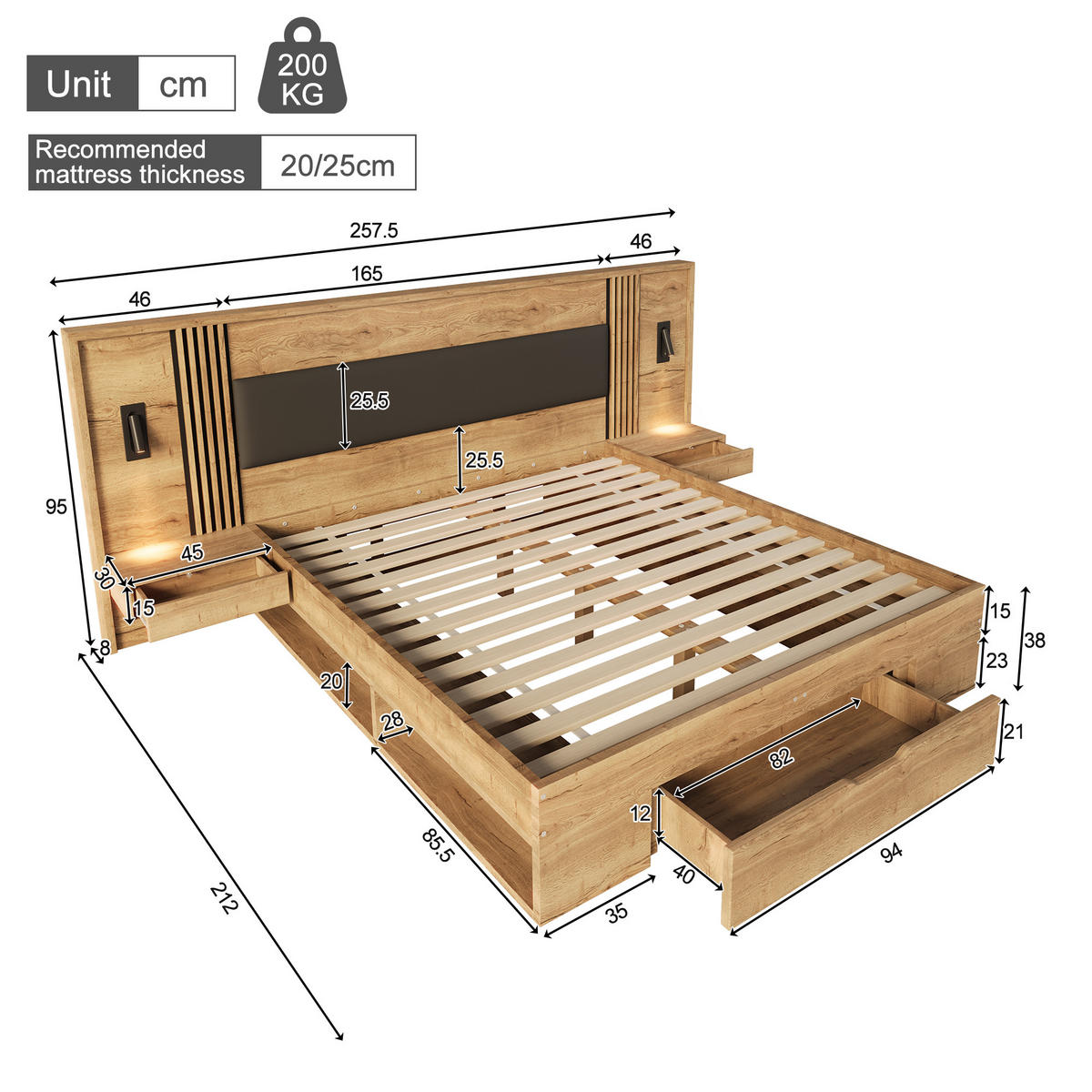 BETT 160/200 cm in Natur mit Schublade, Stauraum, Leselampen und Nachttischen MDF modern - Naturfarben, Holzwerkstoff (160/200cm) - STILVORA