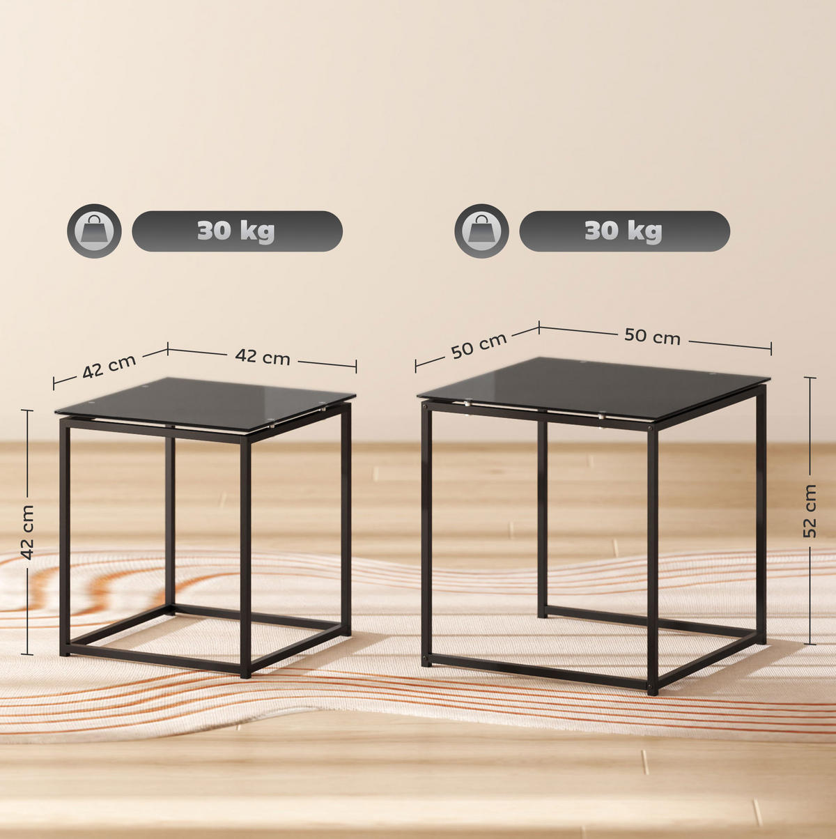BEISTELLTISCH-SET 50/50/52 cm in Schwarz mit Glasplatte, 2-teilig - Schwarz, Metall (50/50/52cm) - Flora Grace