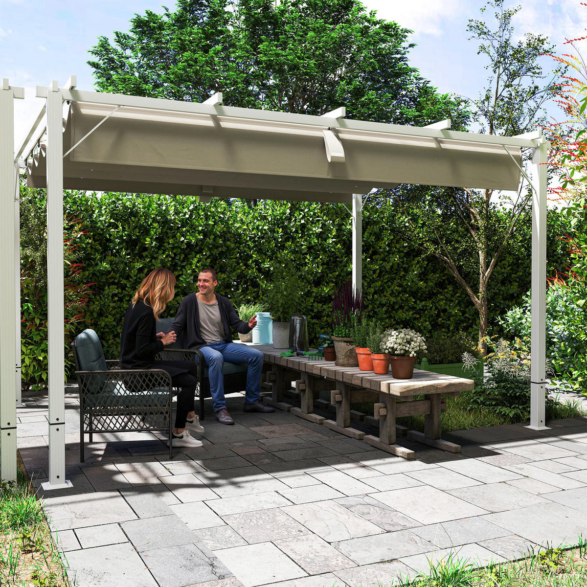 PERGOLA DE-12643 382/300/232 cm ausziehbar UPF30+ mit Magnet Weiß - Weiß, Metall (300/232/382cm) - ComfortXL