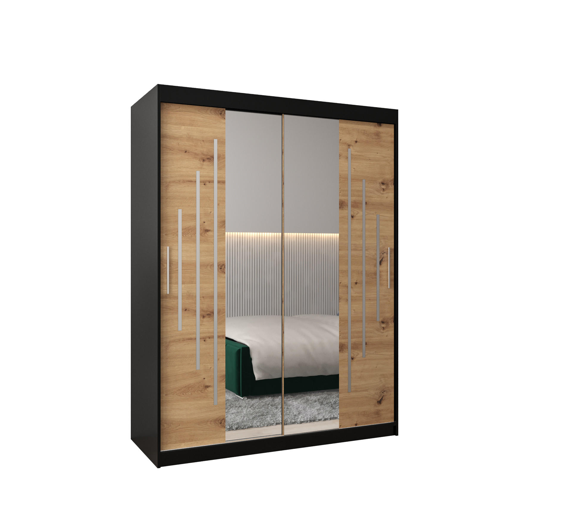 Abiks Möbel SCHWEBETÜRENSCHRANK Schwarz, Eiche Artisan 150cm × 62cm × 200cm