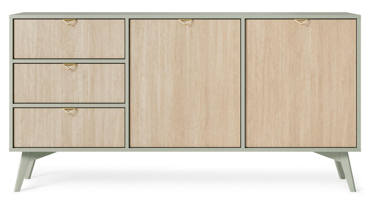 KOMMODE Silva 158 cm in der Farbe Eukalyptus + Scandi-Fischgrätmuster mit Türen und Schubladen - Goldfarben/Grün, Holz/Holzwerkstoff (158/81/38cm) - Ravio