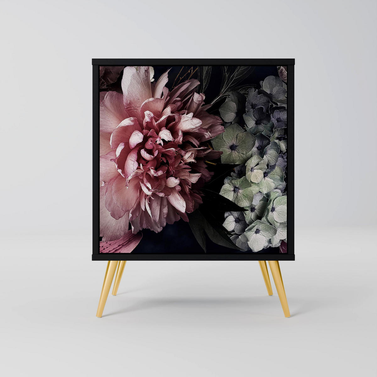 SIDEBOARD PURE BLOSSOM, Schwarz, 57,5x42x67,5 cm, Schwarze Metall-Rahmenfüße - Multicolor/Schwarz, Holzwerkstoff/Metall (57.5/67.5/42cm) - SpaceRebels