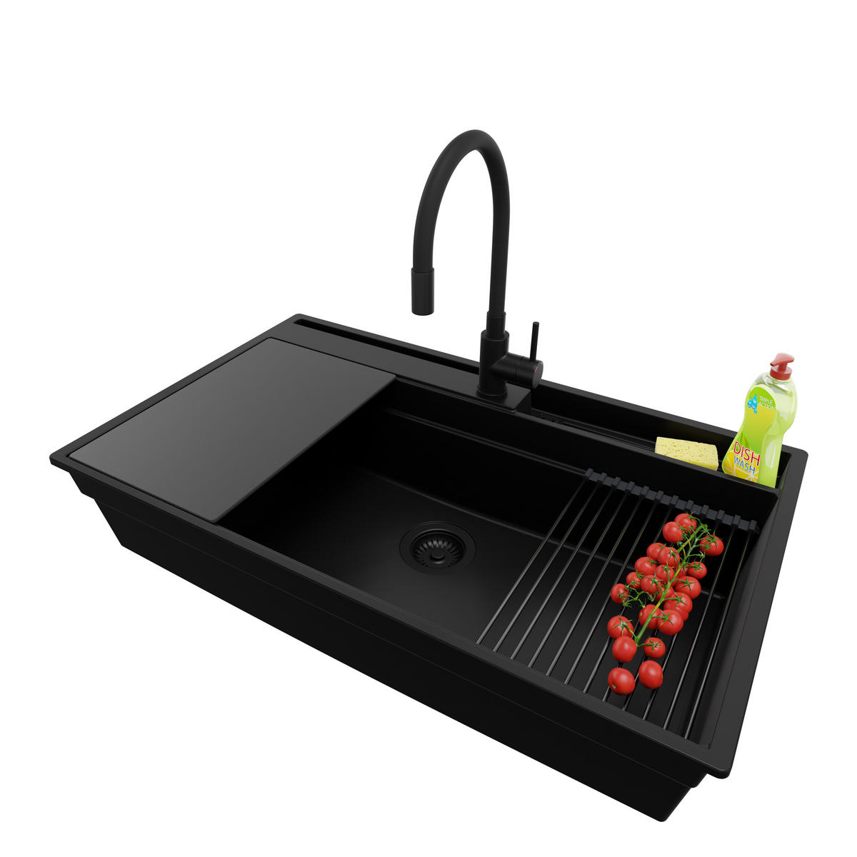 GRANITSPÜLE Oslo Pocket, 2-er set Alles Schwarz 88/53 cm 1 Becken + Küchenarmatur 40/38 cm + Ablauf-Set + Küchenzubehörset ab 90er Unterschrank - Schwarz, Kunststoff (88/20/53cm) - Primagran