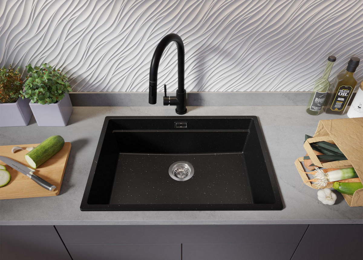 SPÜLBECKEN Praga Slim, 2-er set Schwarz Metallic 66/47 cm 1 Becken + Ablauf-Set + Aufrollbare Abtropffläche ab 70er Unterschrank - Chromfarben/Schwarz Hochglanz, Kunststoff (66/20/47cm) - Primagran