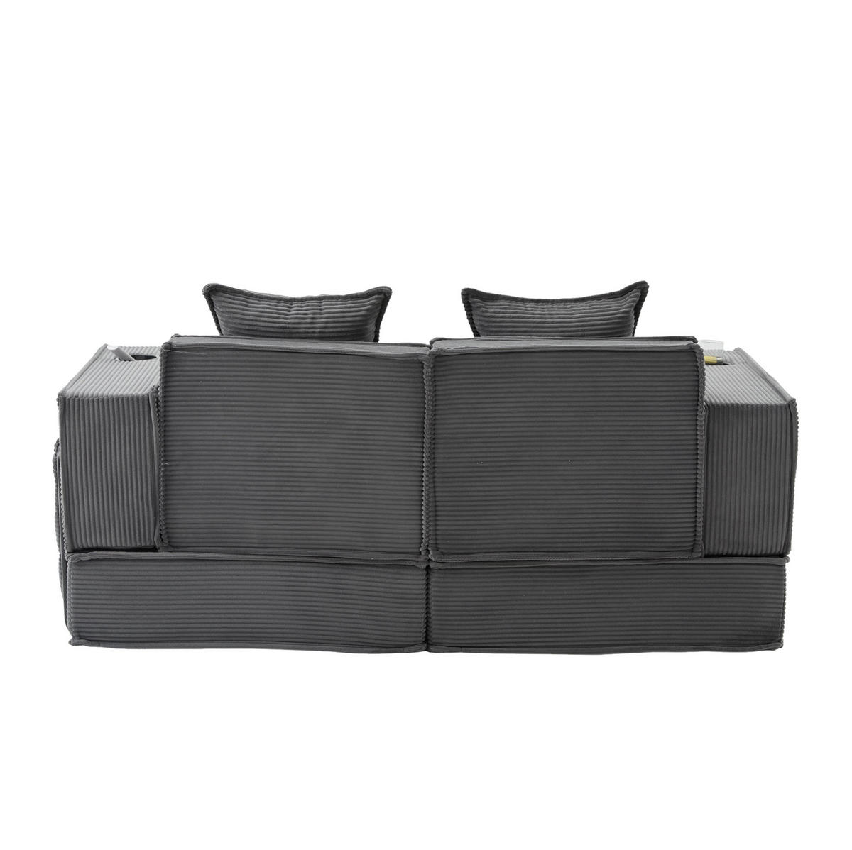 PUFOVÉ sofa 162/78/66 cm tmavě šedá z manšestru s bočními kapsami a dvěma polštáři - tmavě šedá, textil (78/66/162cm) - OKWISH