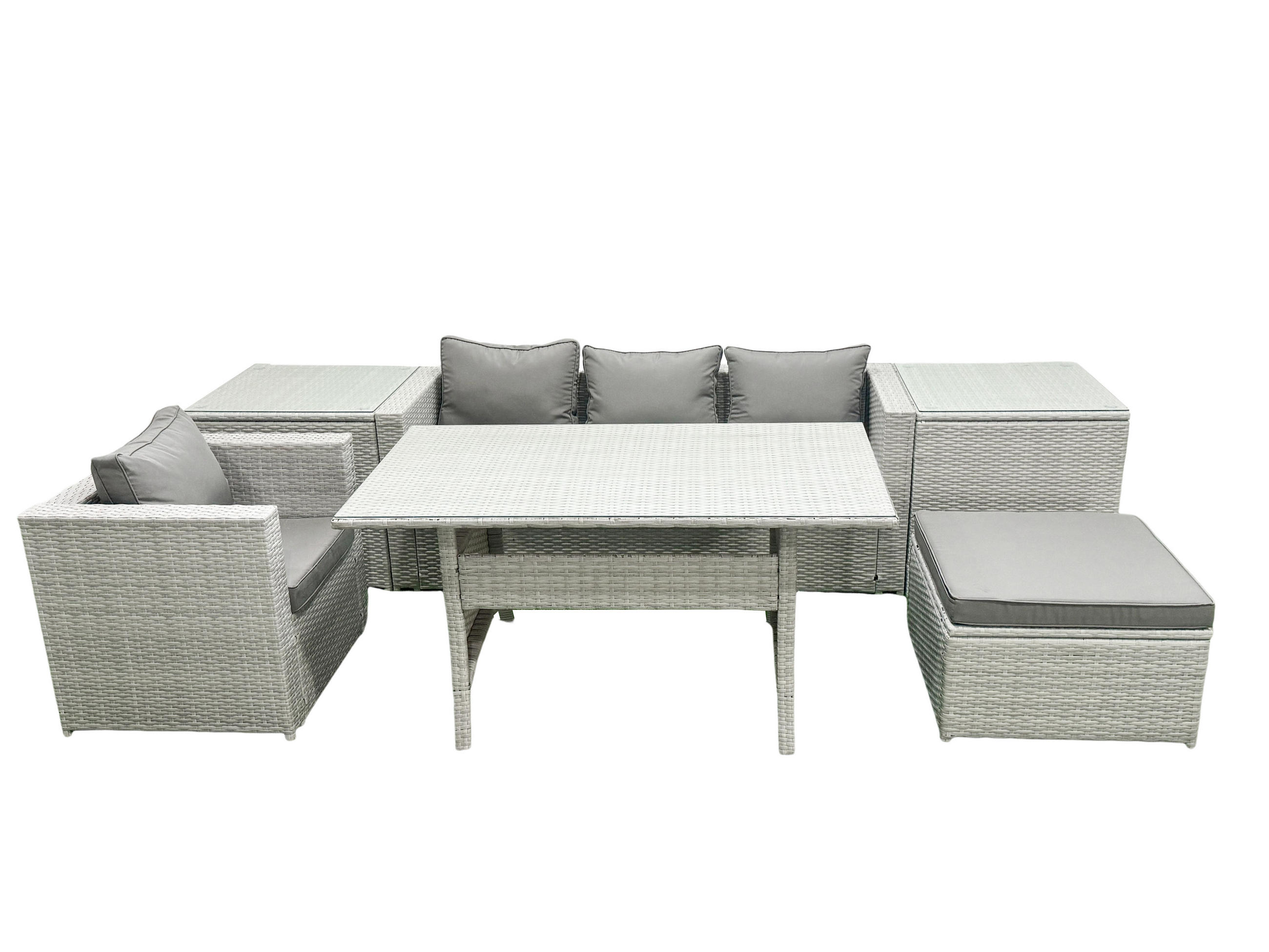 GARTENSET mit Esstisch,Sofa,2 Beistelltischen,3 Fußhocker Polyrattan Hellgrau 5-Sitzer - Hellgrau/Grau, Glas/Kunststoff - Fimous