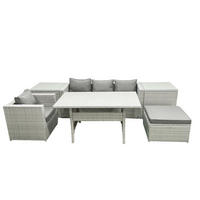 GARTENSET mit Esstisch,Sofa,2 Beistelltischen,3 Fußhocker Polyrattan Hellgrau 5-Sitzer - Hellgrau/Grau, Glas/Kunststoff - Fimous