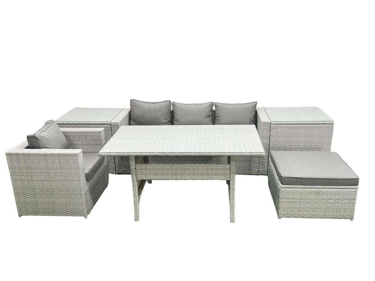 GARTENSET mit Esstisch,Sofa,2 Beistelltischen,3 Fußhocker Polyrattan Hellgrau 5-Sitzer - Hellgrau/Grau, Glas/Kunststoff - Fimous