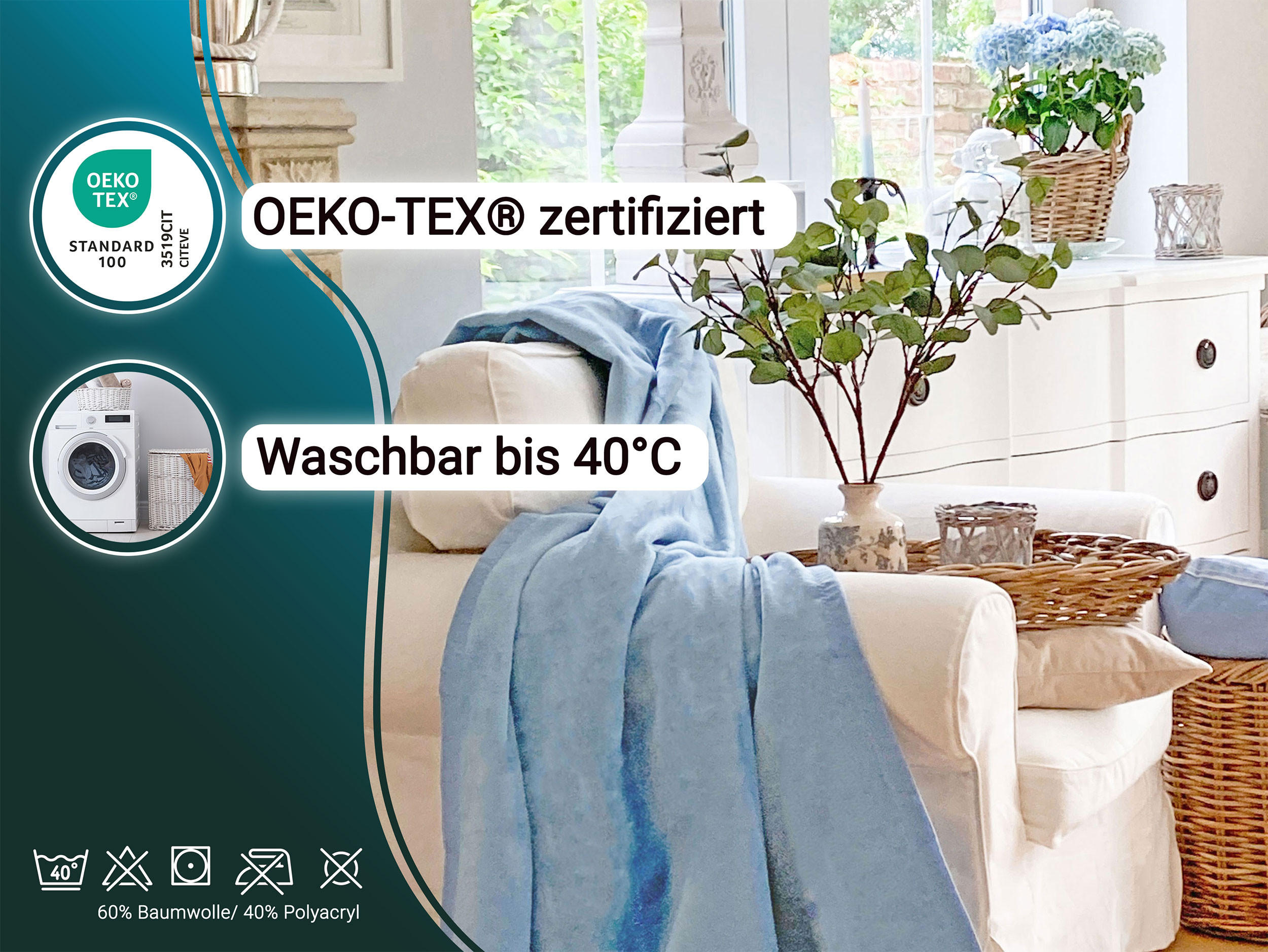 KUSCHELDECKE, 220x240 cm, 60% Baumwolle, 40% Polyacryl, Blau - Hellblau, Naturmaterialien (220/240cm) - Zollner