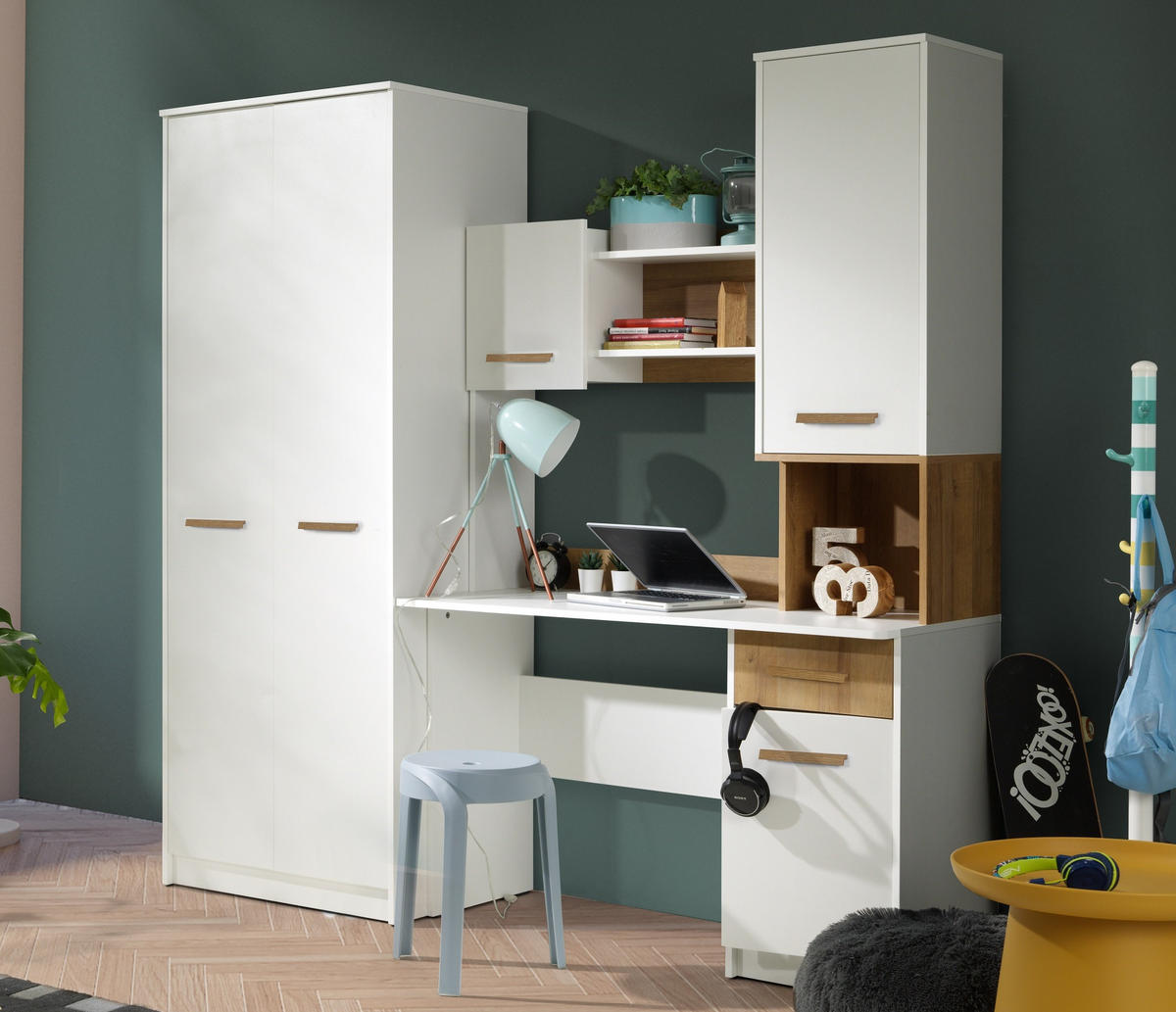 KLEIDERSCHRANK SCHREIBTISCH GRANT MINI WEIß+RIVIERA EICHE 200/195/54 - Weiß, Holzwerkstoff (200/195/54cm) - Marmex Möbel