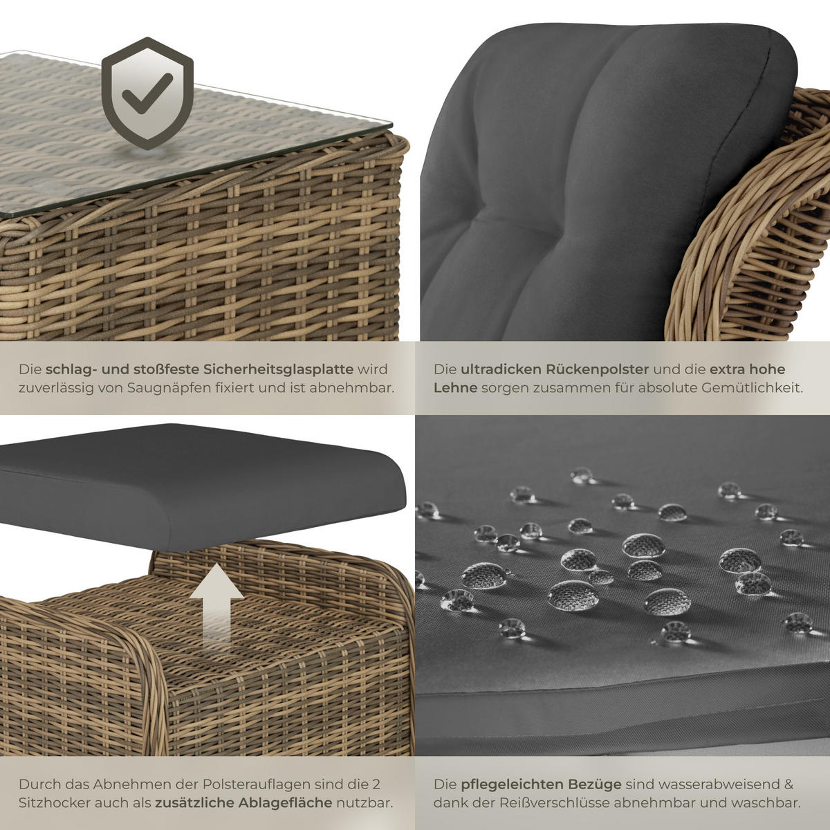 RATTAN SITZGRUPPE Benissa,mit Sicherheitsglasplatte,natur - Naturfarben, Kunststoff - tectake